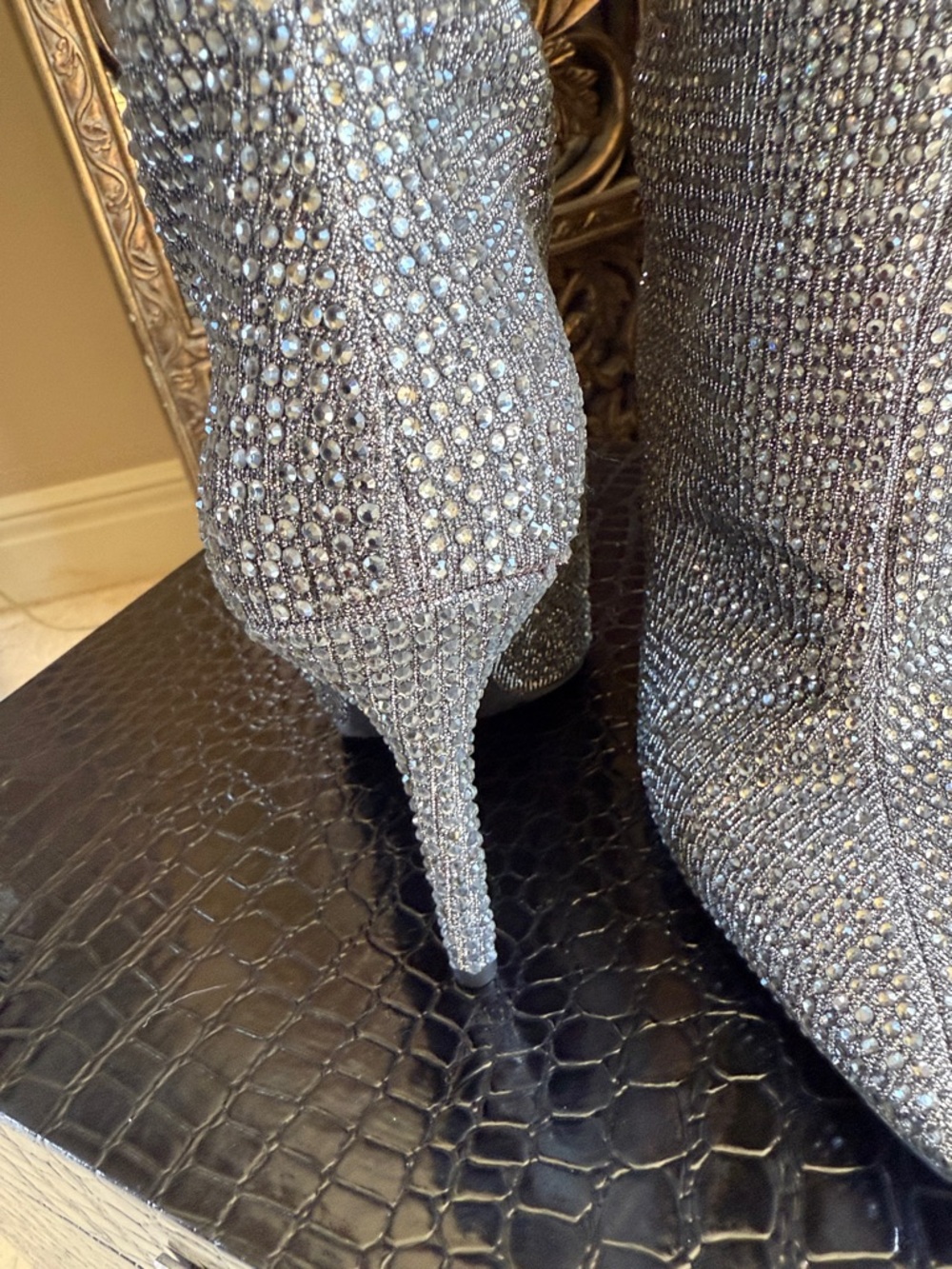 Women's Silver Rhinestone  Boots - Sparkling Pointed Toe - Picture 4 of 5